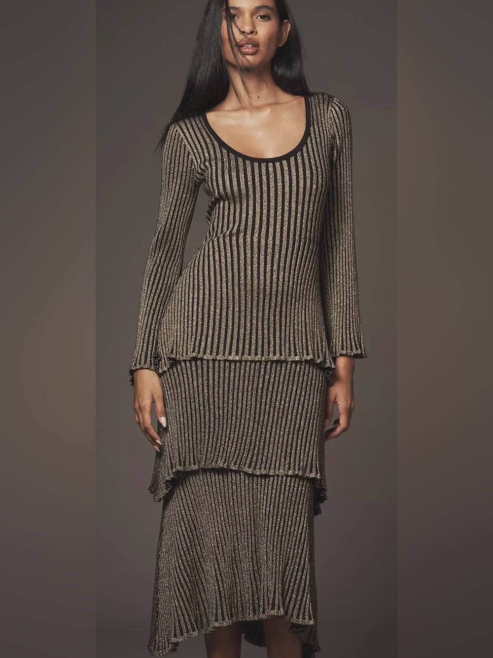 Anthropologie Siempre Multi Tiered Shimmer Knit Fabrication Mididress Size: S - Picture 2 of 6